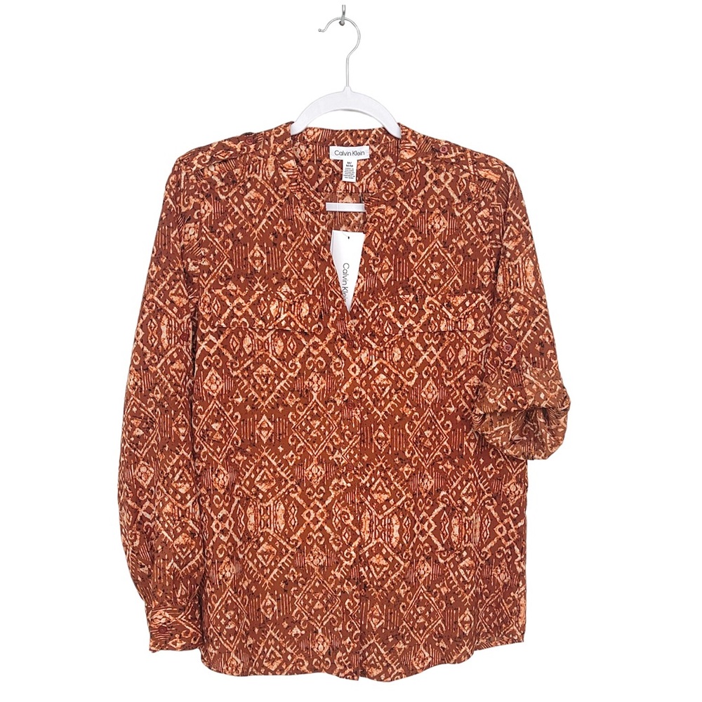 Calvin Klein Georgette Button Down Shirt Geometric Roll Tab Sleeves Split V-Neck